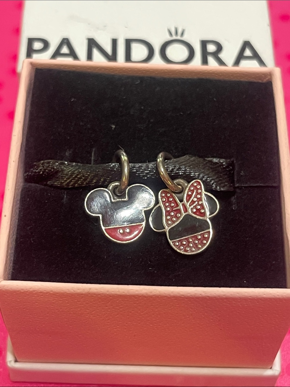 Pandora Disney Retired Set of 2 Mickey & Minnie Silhouette Dangle Charms .925 SS